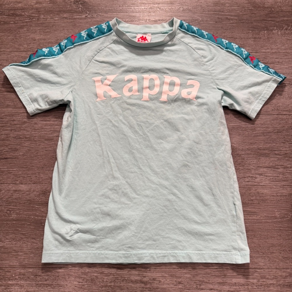 Kappa Shirt Mens Small Blue Stripe Streetwear Casual All Over Logo Spellout